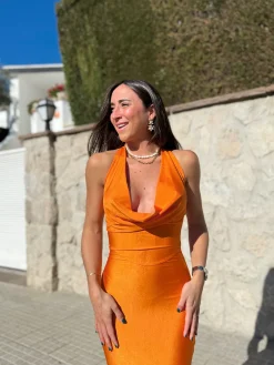 Vestido cascada largo naranja