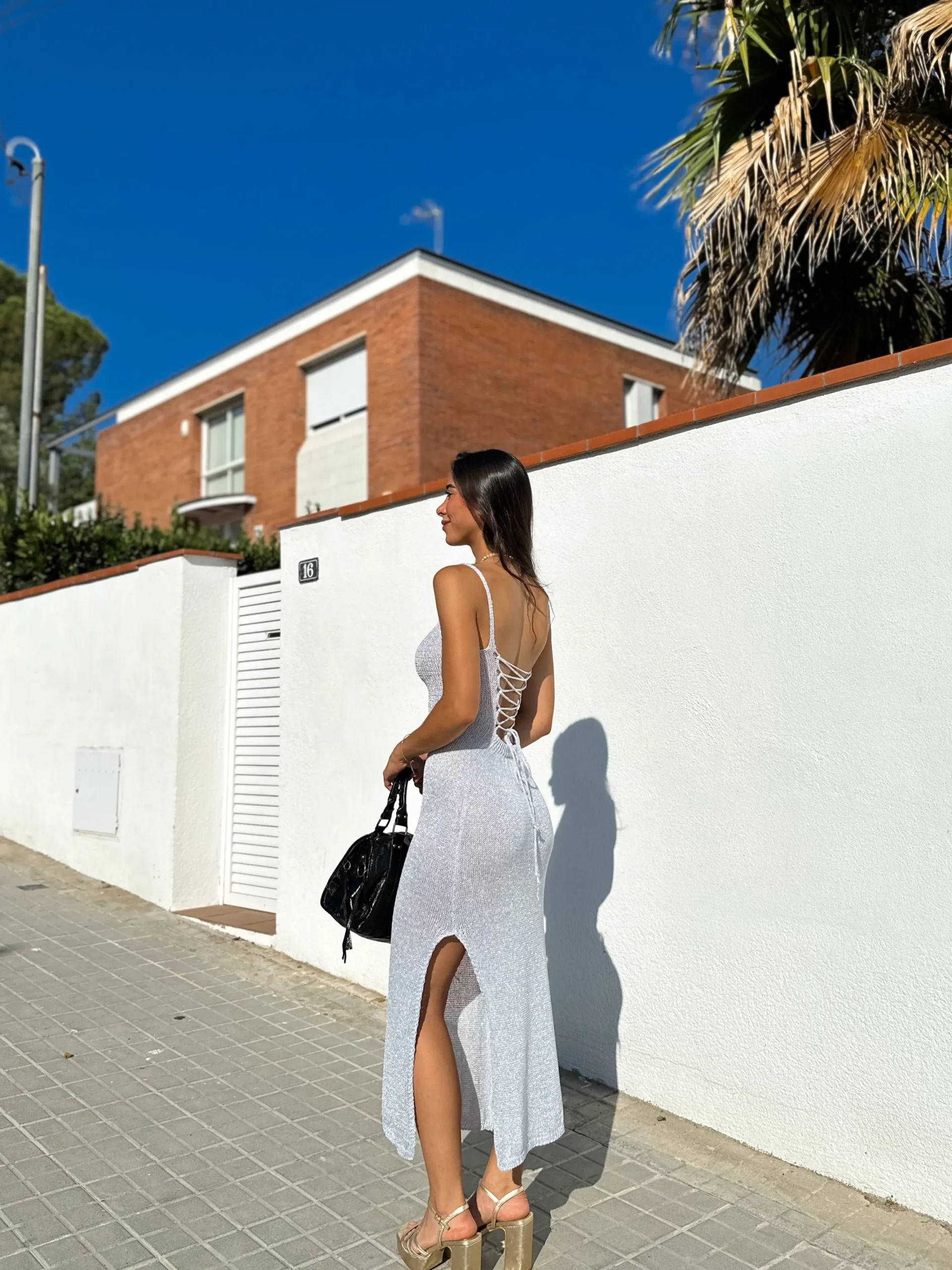 Vestido midi punto plateado
