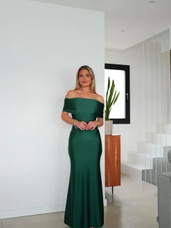 Vestido satin bardot espalda botella