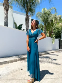 Vestido tulle manga petróleo