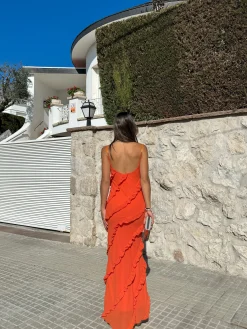 Vestido volantes crepe naranja