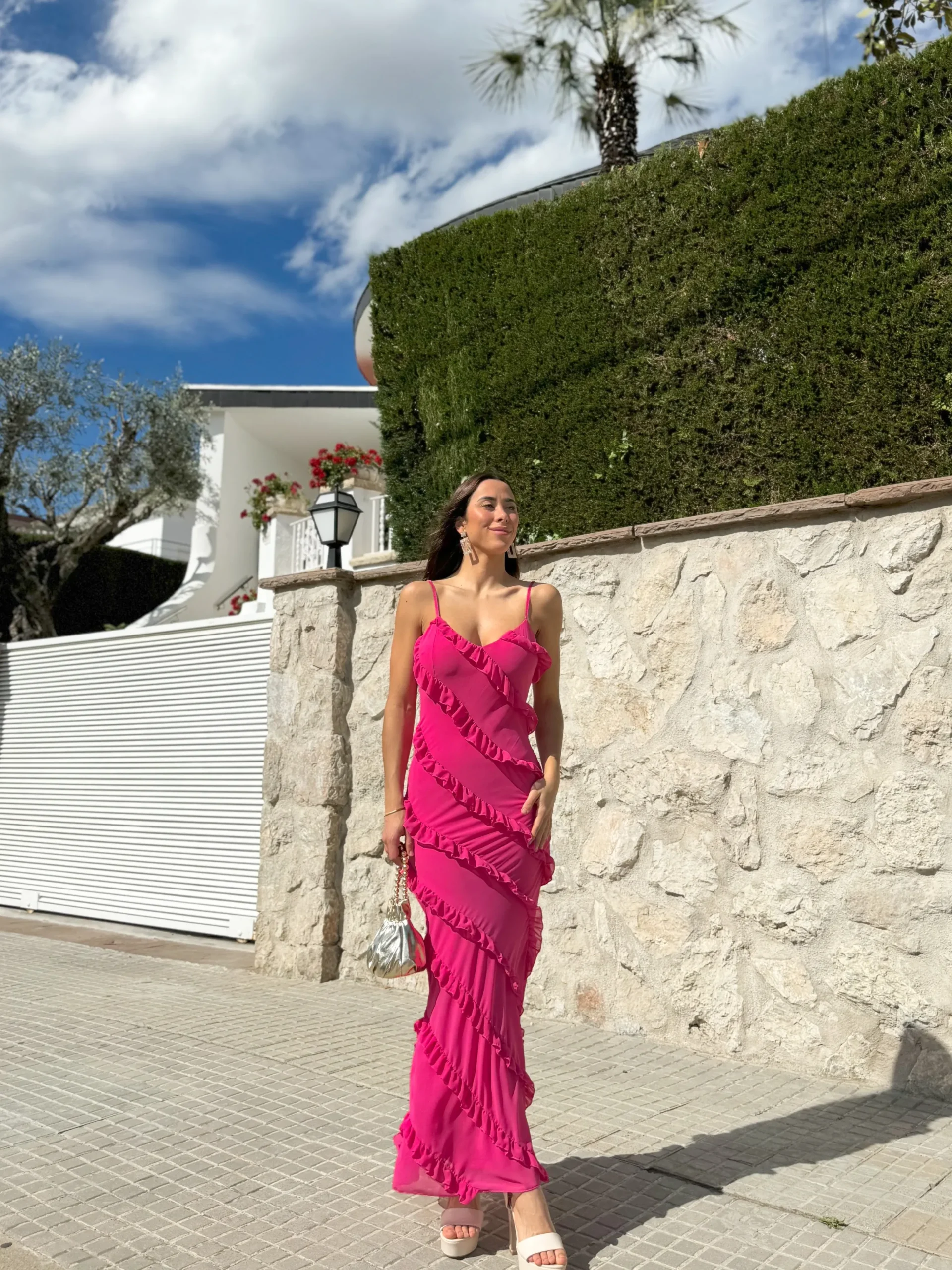 Vestido volantes crepe rosa